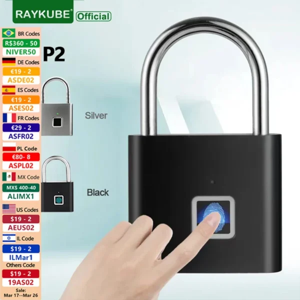 Candado de huella digital inteligente RAYKUBE P2, candados biométricos de aleación de Zinc impermeables con batería recargable incorporada