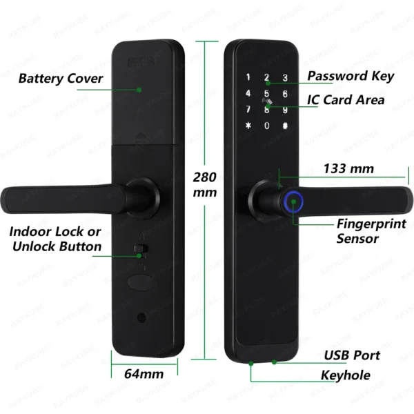 Cerradura RAYKUBE K8 TT, cerradura de puerta inteligente con Bluetooth, cerradura eléctrica Digital con huella dactilar, timbre con paneles de mango más grande - Imagen 3