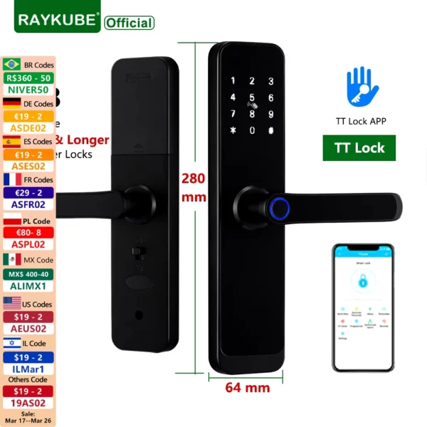 Cerradura RAYKUBE K8 TT, cerradura de puerta inteligente con Bluetooth, cerradura eléctrica Digital con huella dactilar, timbre con paneles de mango más grande