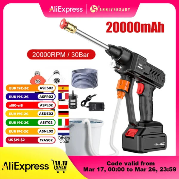 Pistola de lavado de coches de alta presión inalámbrica de 30bar, pistola de agua de espuma de 20000mAh, pulverizador para limpieza de jardín y hogar