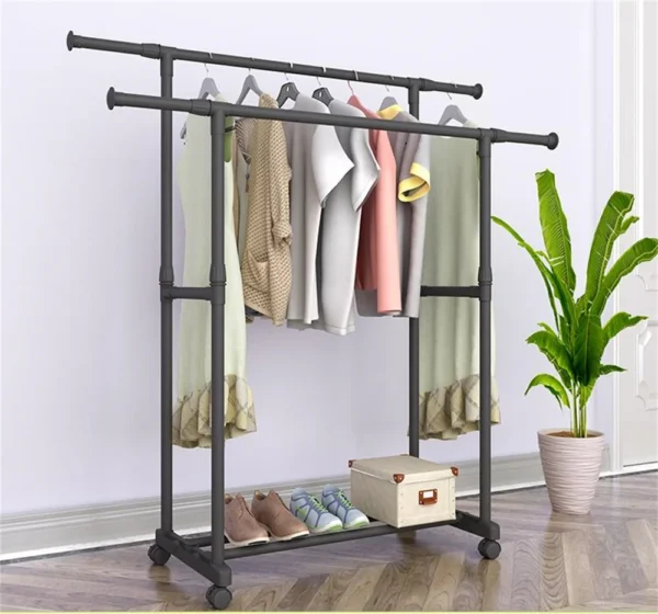 Perchero de moda Simple, soporte de suspensión de ropa reforzada, elevación telescópica, móvil, muebles para el hogar, Perchero de moda Simple, ajustable doble varilla con rueda bolso, bufanda, gorra sombrero - Imagen 3