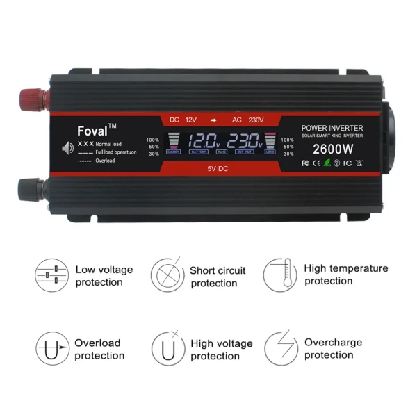 Inversor de corriente 1500W/2000W/2600W pantalla LCD DC 12V a AC 220V Solar 2 USB transformador de coche convertir enchufe de la UE onda sinusoidal modificada - Imagen 3