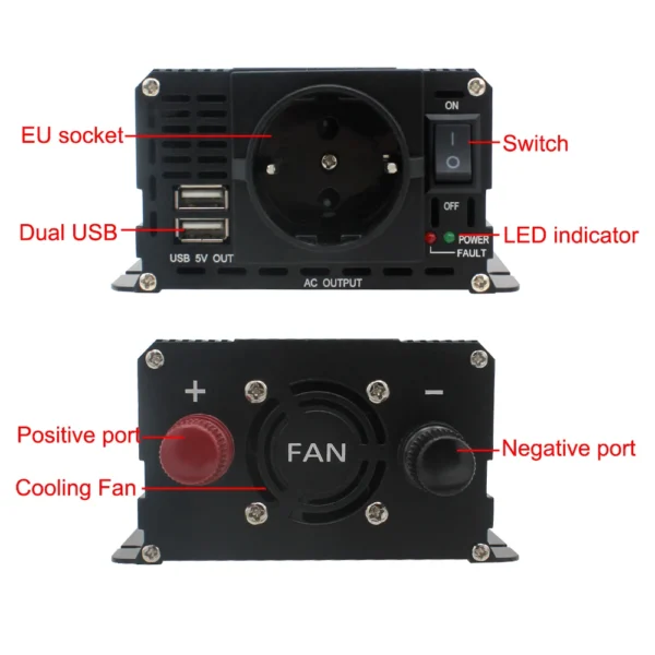 Inversor de corriente 1500W/2000W/2600W pantalla LCD DC 12V a AC 220V Solar 2 USB transformador de coche convertir enchufe de la UE onda sinusoidal modificada - Imagen 5