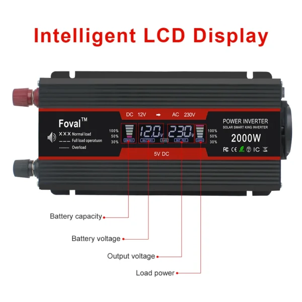 Inversor de corriente 1500W/2000W/2600W pantalla LCD DC 12V a AC 220V Solar 2 USB transformador de coche convertir enchufe de la UE onda sinusoidal modificada - Imagen 4