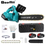 SEESII-motosierra eléctrica inalámbrica de 12 pulgadas, kit de sierra de cadena para corte de madera, sierra de poda para jardín, juegos de herramientas eléctricas sin escobillas