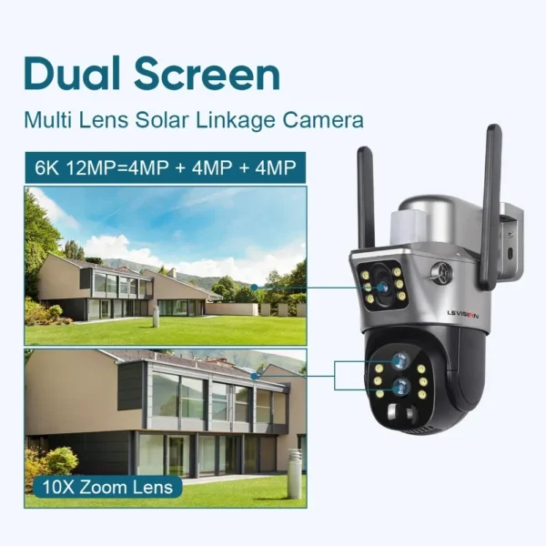 LS VISION 12MP 4G/WiFi cámara Solar de doble pantalla para exteriores Zoom 10X 6K tres lentes cámara de vigilancia de seguimiento automático humano V380 Pro - Imagen 3