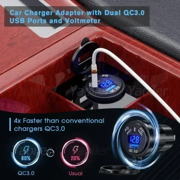 Kewig-enchufe USB de 12V, puerto de USB-C Dual PD de 108W, carga rápida 3,0, cargador USB para coche, toma de corriente impermeable con interruptor de voltímetro - Imagen 3