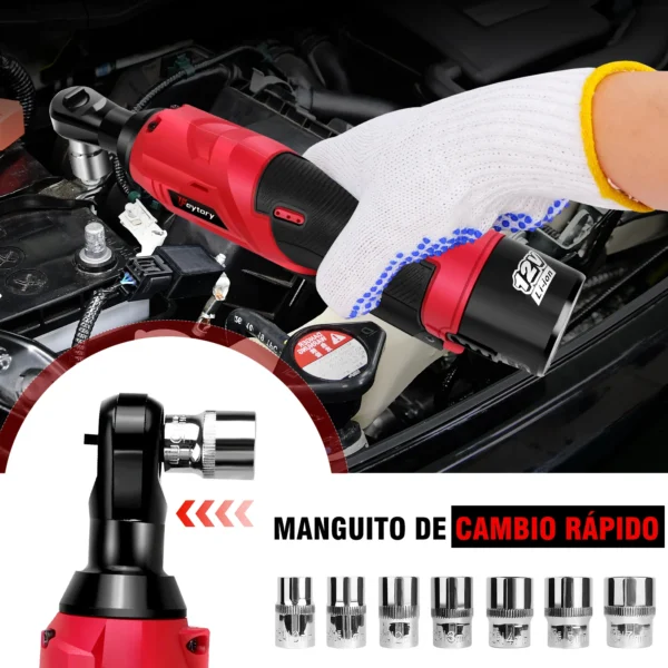 DayPlus Llave de trinquete eléctrica sin cuerda de 3 / 8 ", kit de trinquete eléctrico de 12v, llave de ángulo 200nm 90 °, con 2 baterías 1500mah y 7 juegos de llave de trinquete de enchufe, con luz de trabajo LED - Imagen 3