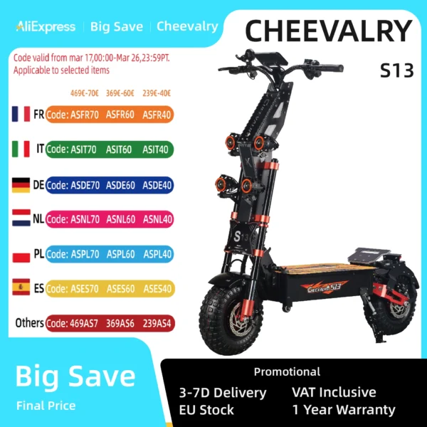 Cheevalry-patinete eléctrico S13 para adulto, Scooter todoterreno potente con Batería de 60V y 40Ah, 2x4000W
