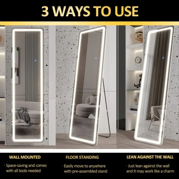 Espejo de suelo independiente LED con atenuación y iluminación de 3 colores para dormitorio (blanco), espejo grande, espejos de cuerpo completo, muebles para sala de estar - Imagen 2