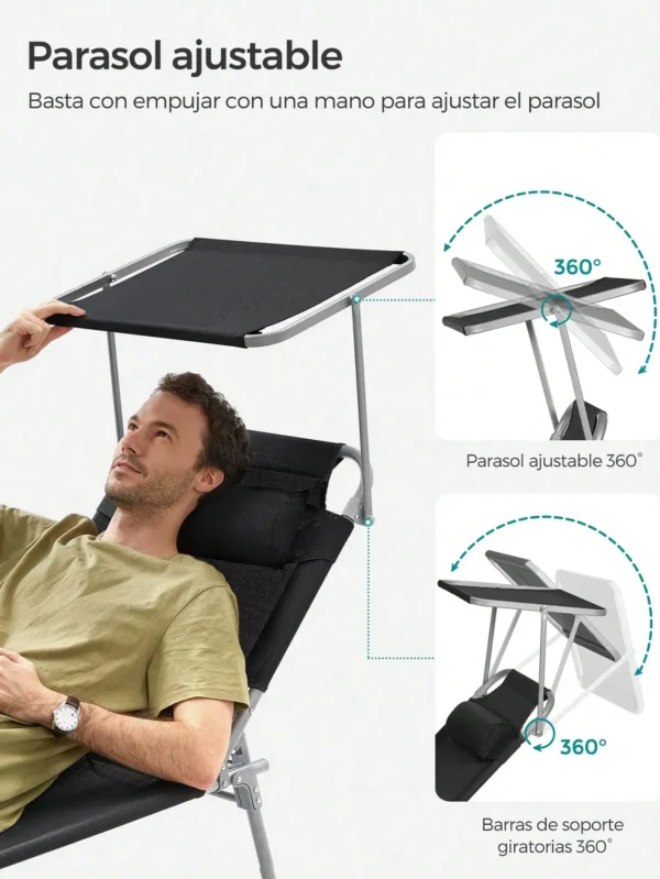 SONGMICS Sun Lounger with Headrest, Backrest, Parasol, Tilt, Lightweight, Foldable, 53x193x29.5cm, Max Load 150kg, Garden, Black - Imagen 3