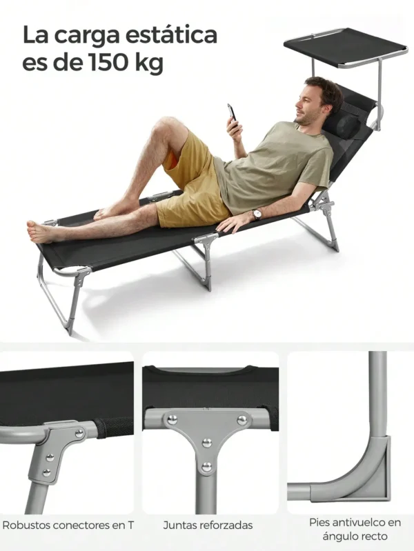 SONGMICS Sun Lounger with Headrest, Backrest, Parasol, Tilt, Lightweight, Foldable, 53x193x29.5cm, Max Load 150kg, Garden, Black - Imagen 5