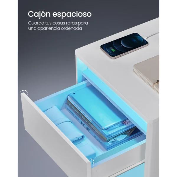 VASAGLE Mesita de Noche con Estación de Carga, Mesa Auxiliar con Luces LED Ajustables, con Cajón, 2 Tomas AC, 2 Puertos USB, Moderno, para Dormitorio, Salón, Blanco Nube/Negro Ceniza - Imagen 5