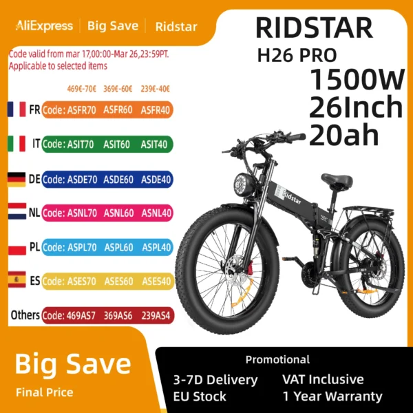 Ridstar H26 PRO bicicleta eléctrica plegable H26 PRO, bici con Motor de 1500W, batería de 48V 23ah, freno hidráulico, neumático ancho de 26x4,0 pulgadas