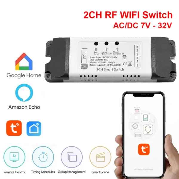Interruptor de luz inteligente Wifi 4CH Mdule DC 5V 12V 24V RF 433 receptor 10A relés funcionan con Alexa asistente de Google Tuya Smart Life - Imagen 3