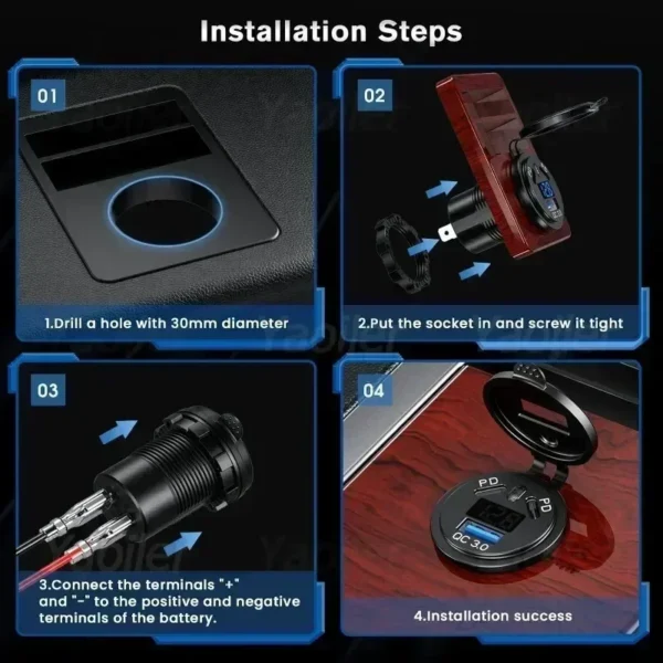 Kewig-enchufe USB de 12V, puerto de USB-C Dual PD de 108W, carga rápida 3,0, cargador USB para coche, toma de corriente impermeable con interruptor de voltímetro - Imagen 5