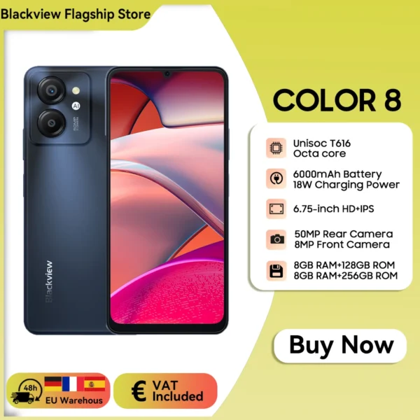 Blackview COLOR 8 Smartphone pantalla de 6,75 pulgadas 90Hz Android 13,8GB + 128GB/256GB 50MP cámara trasera 6000mAh batería 18W carga rápida