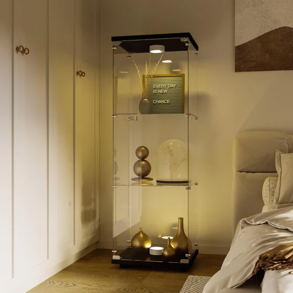 Vitrina de cristal con luz, gabinetes de salón modernos de 3 capas, gabinete de almacenamiento para libros coleccionables, vino, 125x42x36cm
