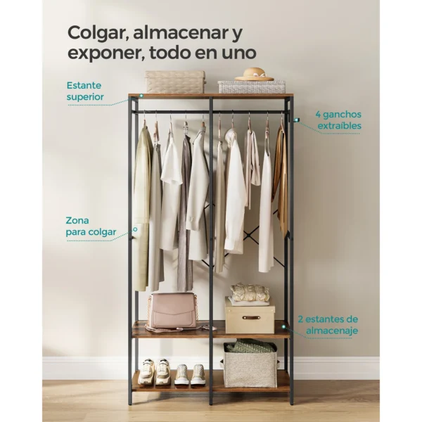 SONGMICS Portable Wardrobe: Foldable Closet with Hanging Rods, Storage Shelves, Removable Hooks. 40x94.5x180cm, Freestanding. - Imagen 4
