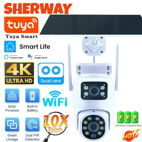Tuya-cámara Solar WiFi para exteriores, 10MP, doble lente, 4K, pantalla Dual, PTZ, inalámbrica, batería de baja potencia, cámara de seguridad PIR, seguimiento automático