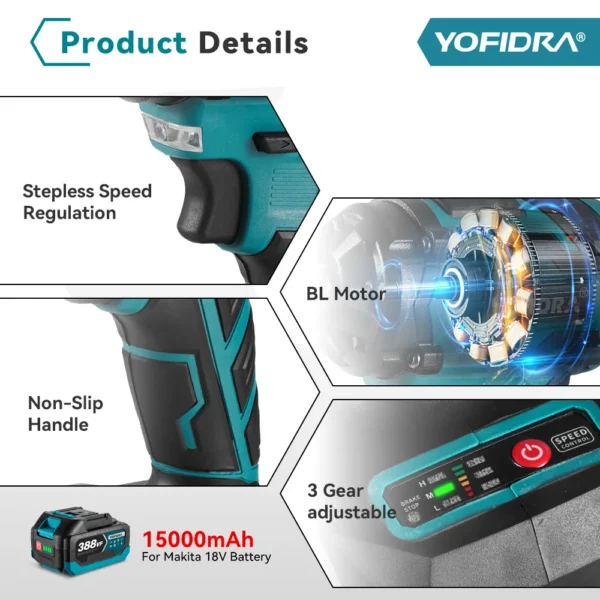 YOFIDRA-llave de impacto eléctrica sin escobillas, destornillador de mano inalámbrico para coche, juego de enchufes para batería Makita de 18V, 1/2 ", 1000N.M - Imagen 6
