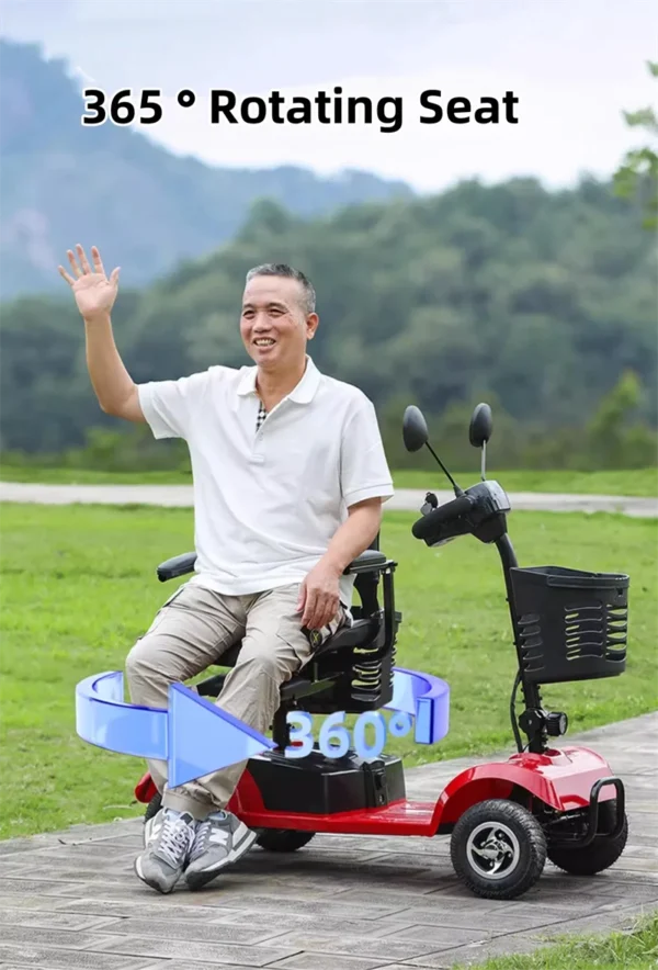 Patinete de movilidad familiar plegable, 4 ruedas para personas mayores discapacitadas, 2 asientos, batería giratoria 365, Scooter Eléctrico extraíble para padres e hijos - Imagen 4