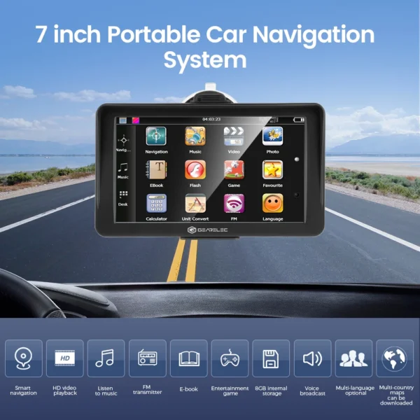 Gearelec-pantalla táctil de navegación GPS para coche, 7 pulgadas, 256M + 8G, instrucciones de voz FM, mapa 3D europeo, actualización gratuita, navegadores profesionales GPS - Imagen 2