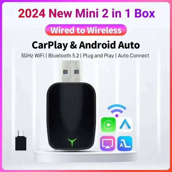 Nuevo Cable a inalámbrico Carplay Android 2 en 1 adaptador automático dispositivo para coche caja inteligente Plug and Play 5Ghz Wifi conexión rápida