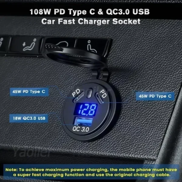 Kewig-enchufe USB de 12V, puerto de USB-C Dual PD de 108W, carga rápida 3,0, cargador USB para coche, toma de corriente impermeable con interruptor de voltímetro - Imagen 2