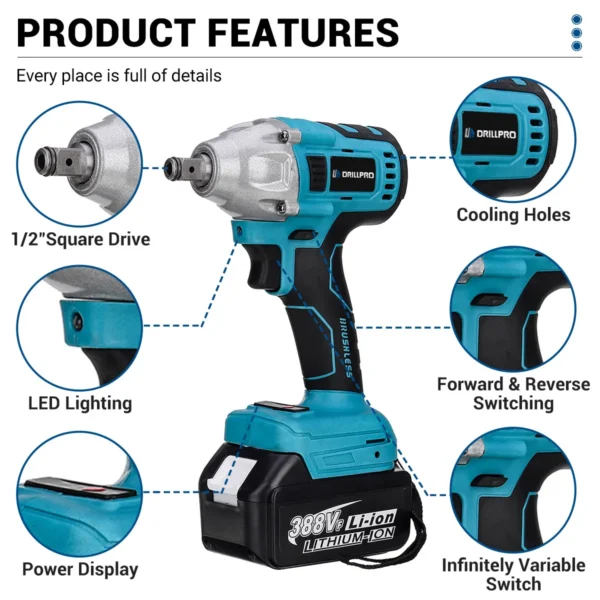Drillpro-Juego de herramientas eléctricas, llave eléctrica de 800N.M, martillo rotativo, taladro eléctrico de 13mm, amoladora angular de 125mm para Mak de 18V - Imagen 3
