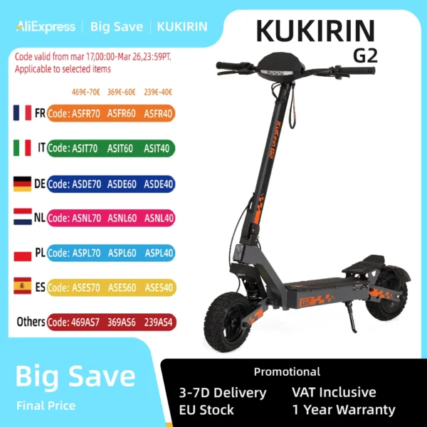 KuKirin-patinete eléctrico G2 Master City Commuter, Scooter todoterreno con Motor de 1000W x 2, batería de 52V 20,8 Ah, neumático inflable salvaje de 10 pulgadas