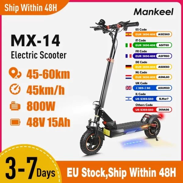Mankeel-patinete eléctrico MX-14 para adultos, Scooter con neumático todoterreno lleno de aire de 10 ", rango máximo de 60km, sistema de frenado Dual, 800W, 10Ah