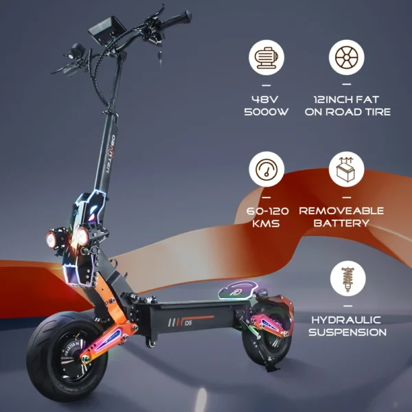 OBARTER-patinete eléctrico D5, Scooter con neumático de vacío de 12 pulgadas, 2x2500W, Motor de 60-70 km/h, velocidad máxima, batería extraíble de 35Ah, superalcance de 60-120km - Imagen 3