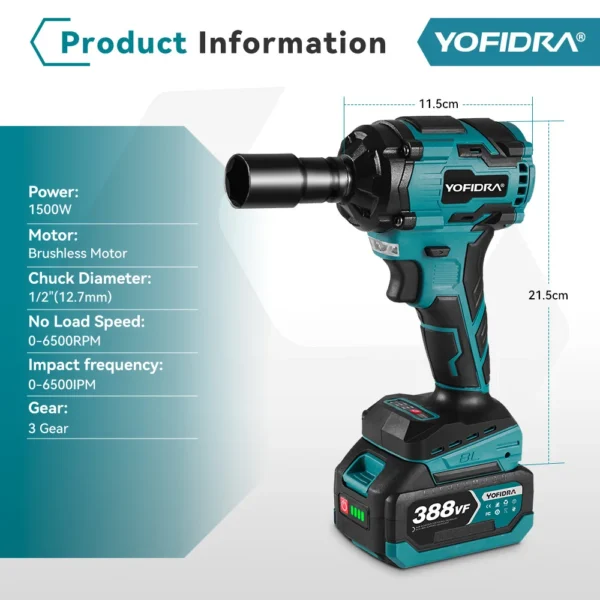 YOFIDRA-llave de impacto eléctrica sin escobillas, destornillador de mano inalámbrico para coche, juego de enchufes para batería Makita de 18V, 1/2 ", 1000N.M - Imagen 2