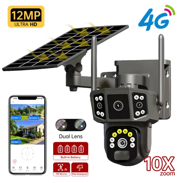 Cámara solar sim 4G, lente dual 4K, 10X, cámara de red de seguridad exterior, televisión solar de circuito cerrado WIFI inalámbrica, V380