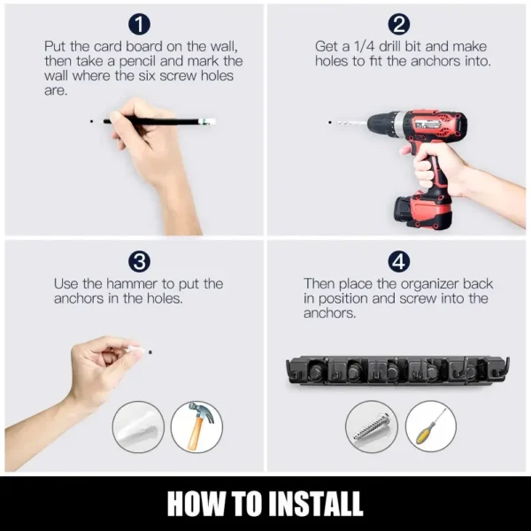 Soporte para fregona montado en la pared, estante multifuncional para colgar escoba de 3/4/5 posiciones, almacenamiento para el hogar y la cocina, soporte para fregona de plástico mágico negro - Imagen 4