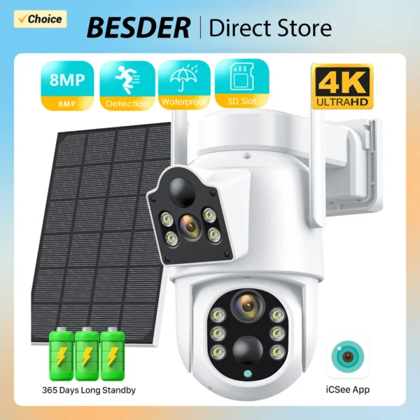 BESDER 8MP 4K cámara IP inalámbrica Solar con batería de 7800 mAh exterior HD 4MP lente Dual WiFi IP Camara Panel Solar seguridad CCTV