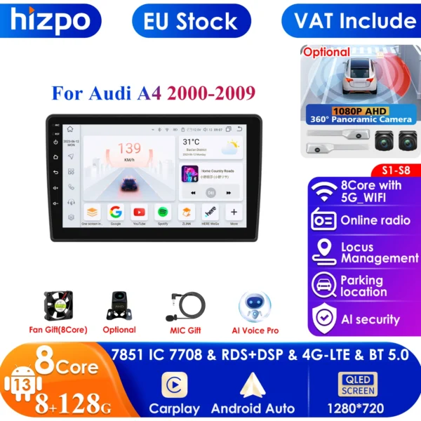 Reproductor de vídeo Multimedia de Radio de coche Android de 9 ''2din para Audi A4 2000-2009 S4 B6 B7 RS4 Seat Exeo GPS Nav Carplay AutoRadio 4G RDS