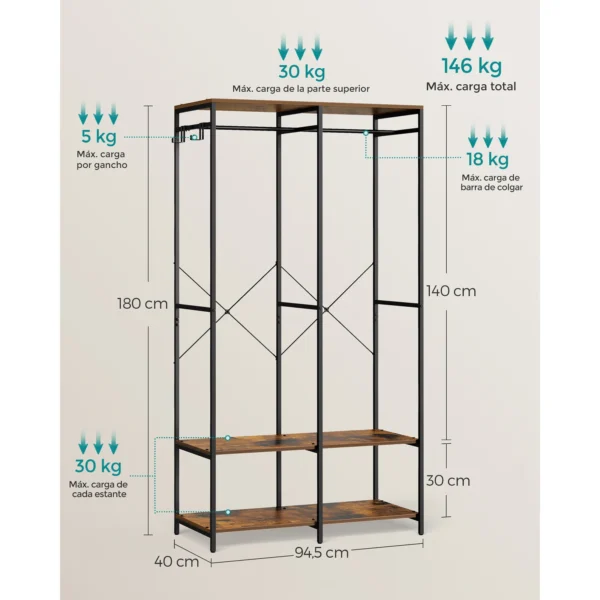 SONGMICS Portable Wardrobe: Foldable Closet with Hanging Rods, Storage Shelves, Removable Hooks. 40x94.5x180cm, Freestanding. - Imagen 2