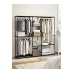 SONGMICS Portable Open Wardrobe: 43x182x182cm, Clothes Rack, Freestanding with Rails, Fabric Shelves, Black, Bedroom.