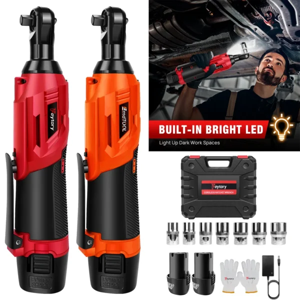 DayPlus Llave de trinquete eléctrica sin cuerda de 3 / 8 ", kit de trinquete eléctrico de 12v, llave de ángulo 200nm 90 °, con 2 baterías 1500mah y 7 juegos de llave de trinquete de enchufe, con luz de trabajo LED