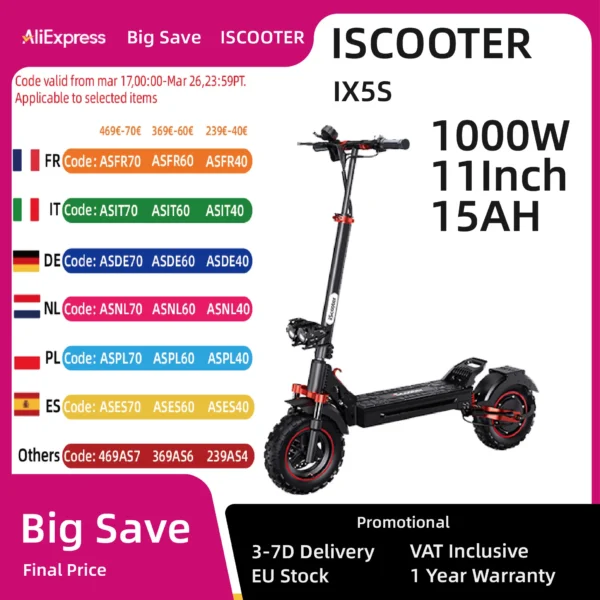 ISCOOTER-patinete eléctrico plegable iX5S, 1000W, 48V, 15Ah, velocidad máxima de 25 km/h, 11 pulgadas