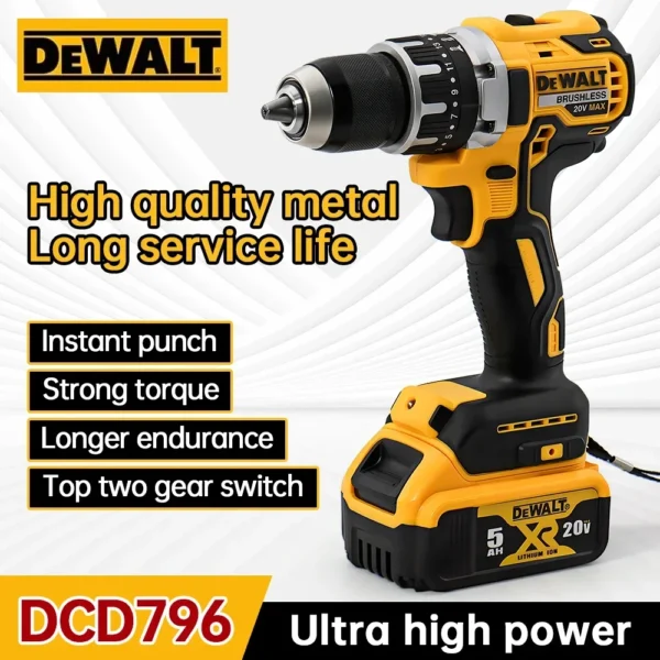 Dewalt DCD796 Taladro de impacto sin escobillas inalámbrico Taladro sin escobillas Multifuncional Recargable Portátil 20V Batería Herramientas eléctricas - Imagen 3