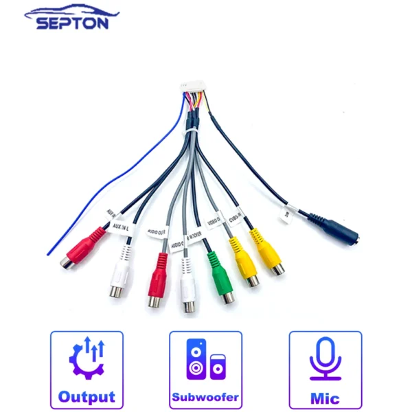SEPTON-arnés de cables de salida, línea de interfaz de micrófono, adaptador de Cable RCA Universal de 3,5mm, Conector de cableado de 20 pines para Radio de coche Android - Imagen 3