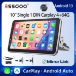 ESSGOO Pantalla Táctil de 10" Universal Android 13 4+64G Wireless CarPlay Android Auto Estéreo de Coche Radio Reproductor Multimedia 1 DIN GPS Navegación Bluetooth FM RDS WIFI USB EQ SWC con Micrófono