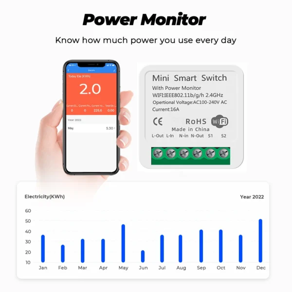 Mini interruptor inteligente Tuya, Wifi, 2 vías, inalámbrico, 16A, Monitor de alimentación, Control de casa inteligente a través de Smart Life, Alexa, Alice, Google Home - Imagen 4