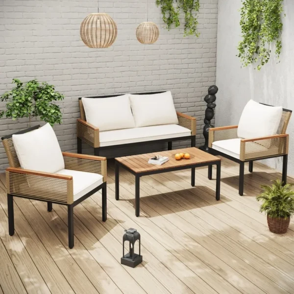 Gartenlounge-Conjunto de 2 piezas para exteriores, Set de gartenébel mit bemem Kissen, Doppelsofa ,2 Sessel und Tisch, ratán, Tisch und Stühle, color Beige