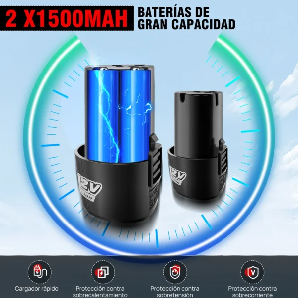 DayPlus Llave de trinquete eléctrica sin cuerda de 3 / 8 ", kit de trinquete eléctrico de 12v, llave de ángulo 200nm 90 °, con 2 baterías 1500mah y 7 juegos de llave de trinquete de enchufe, con luz de trabajo LED - Imagen 6