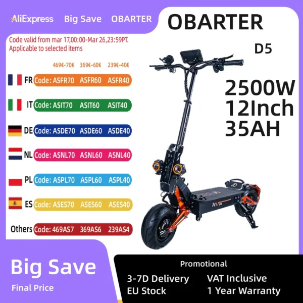 OBARTER-patinete eléctrico D5, Scooter con neumático de vacío de 12 pulgadas, 2x2500W, Motor de 60-70 km/h, velocidad máxima, batería extraíble de 35Ah, superalcance de 60-120km