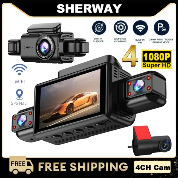 Cámara de salpicadero GPS 4CH 4*1080P DVR para coche 360 ° Cámara de coche de todos los lados, Dashcam de 4 lentes, Monitor de estacionamiento 24H, grabadora de vídeo automática de visión nocturna